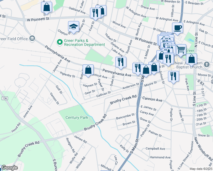 map of restaurants, bars, coffee shops, grocery stores, and more near 4 Stewart Avenue in Greer