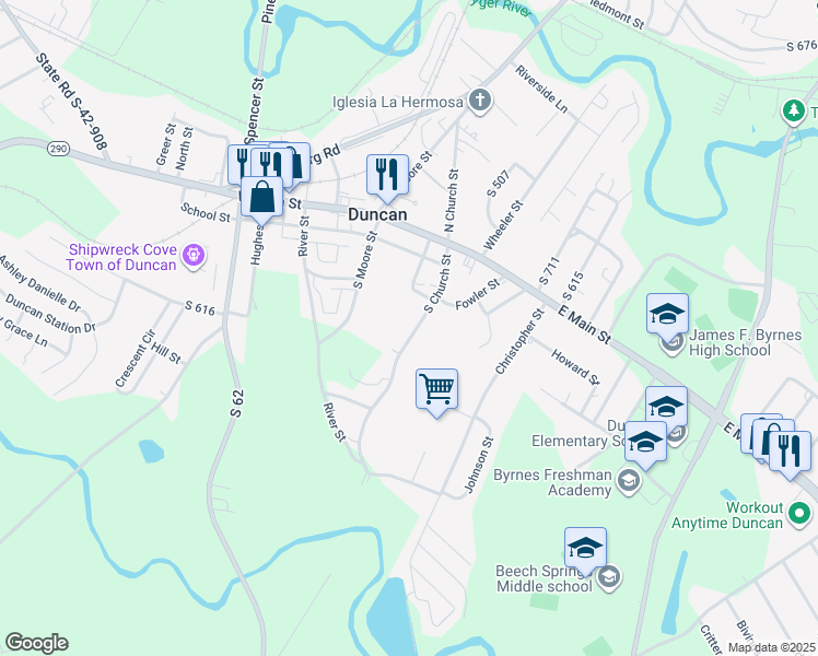 map of restaurants, bars, coffee shops, grocery stores, and more near 119 South Church Street in Duncan