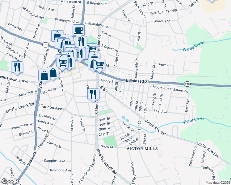 map of restaurants, bars, coffee shops, grocery stores, and more near 3 5th Street in Greer