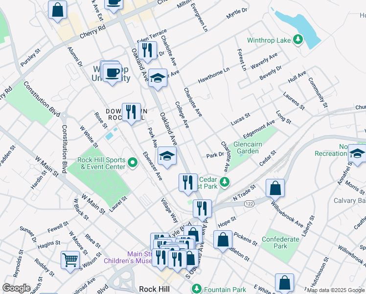 map of restaurants, bars, coffee shops, grocery stores, and more near 312 Oakland Avenue in Rock Hill