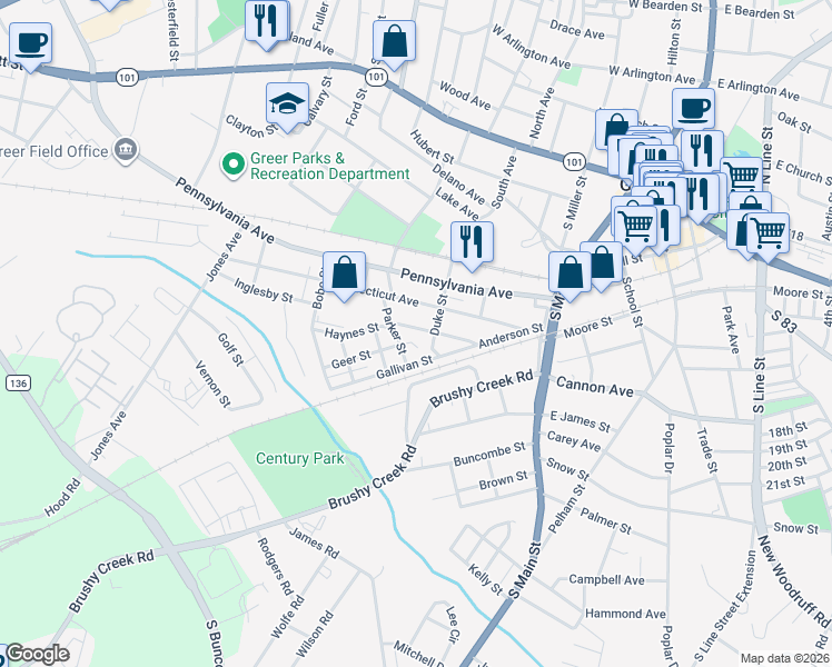 map of restaurants, bars, coffee shops, grocery stores, and more near 1 Geer Street in Greer