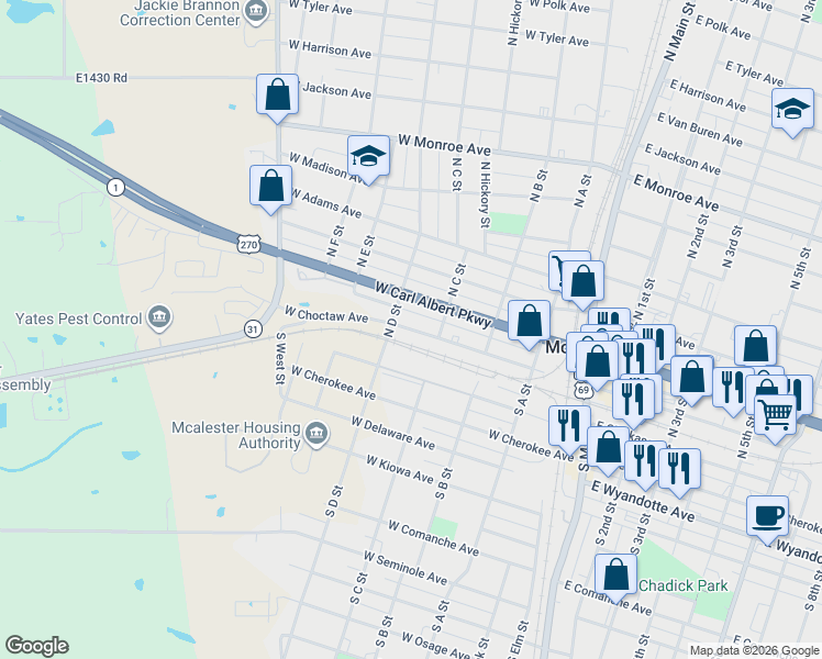 map of restaurants, bars, coffee shops, grocery stores, and more near 401 West Choctaw Avenue in McAlester