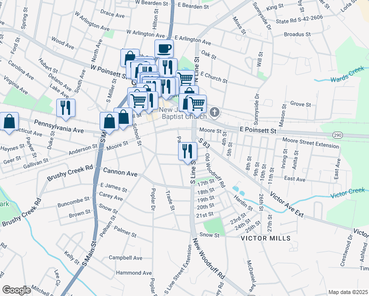 map of restaurants, bars, coffee shops, grocery stores, and more near 108 South Line Street in Greer
