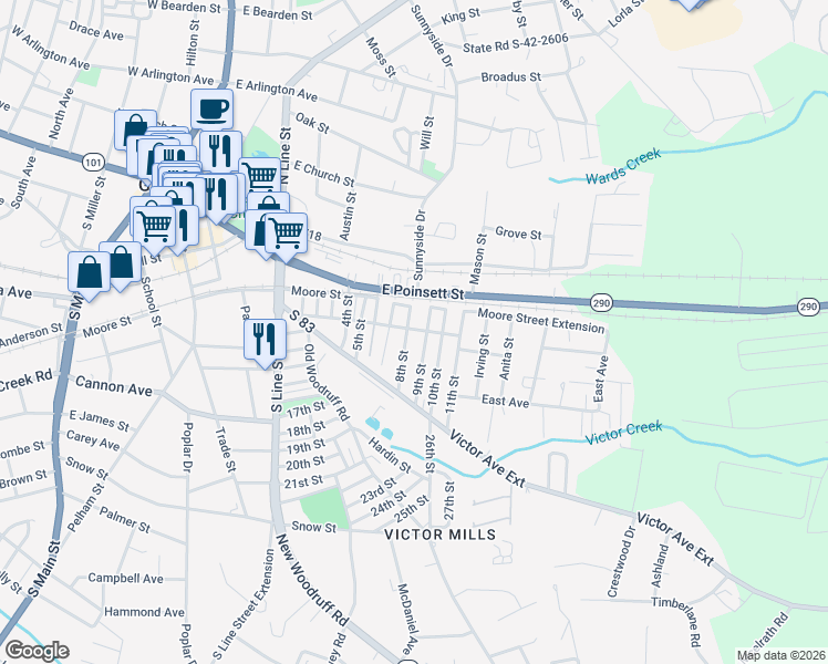 map of restaurants, bars, coffee shops, grocery stores, and more near 19 10th Street in Greer
