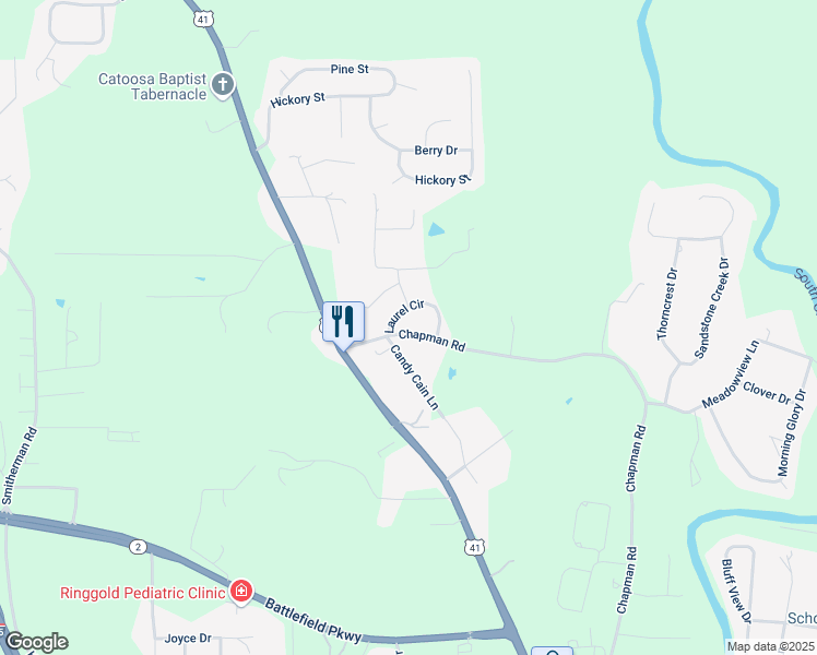 map of restaurants, bars, coffee shops, grocery stores, and more near 51 Candy Cain Lane in Ringgold
