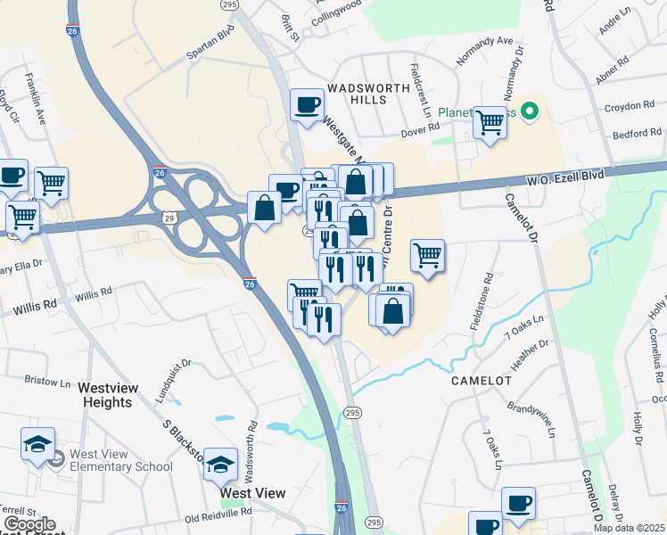 map of restaurants, bars, coffee shops, grocery stores, and more near 119 East Blackstock Road in Spartanburg