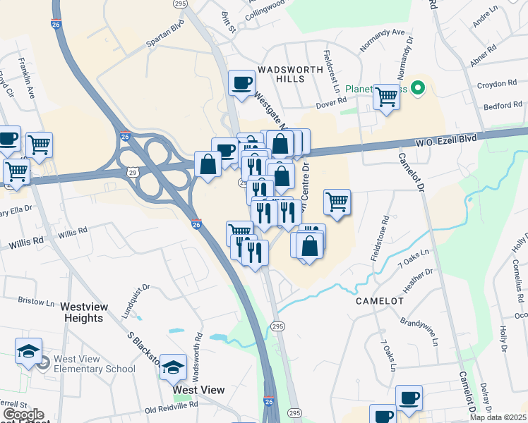 map of restaurants, bars, coffee shops, grocery stores, and more near 119 East Blackstock Road in Spartanburg