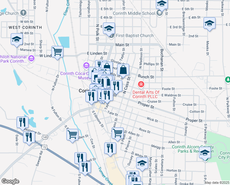 map of restaurants, bars, coffee shops, grocery stores, and more near 404 Taylor Street in Corinth