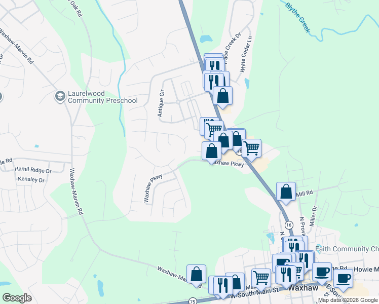 map of restaurants, bars, coffee shops, grocery stores, and more near 7704 Spanish Oaks Drive in Waxhaw
