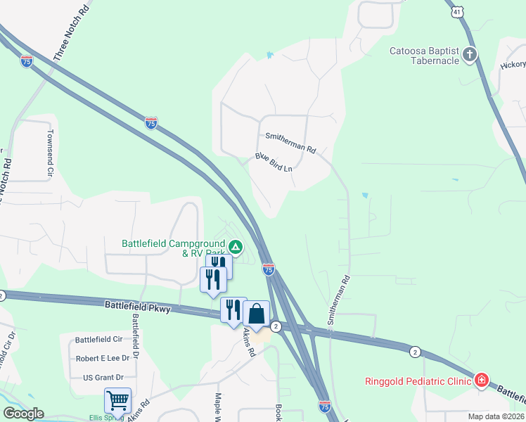 map of restaurants, bars, coffee shops, grocery stores, and more near Larry McDonald Memorial Highway in Ringgold