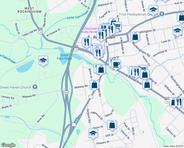 map of restaurants, bars, coffee shops, grocery stores, and more near 411 Bryan Street in Rockingham