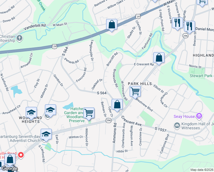map of restaurants, bars, coffee shops, grocery stores, and more near 213 Briarcliff Road in Spartanburg
