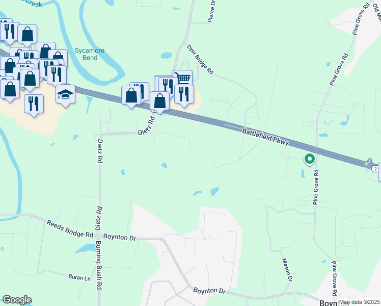 map of restaurants, bars, coffee shops, grocery stores, and more near 1700 Dietz Road in Ringgold
