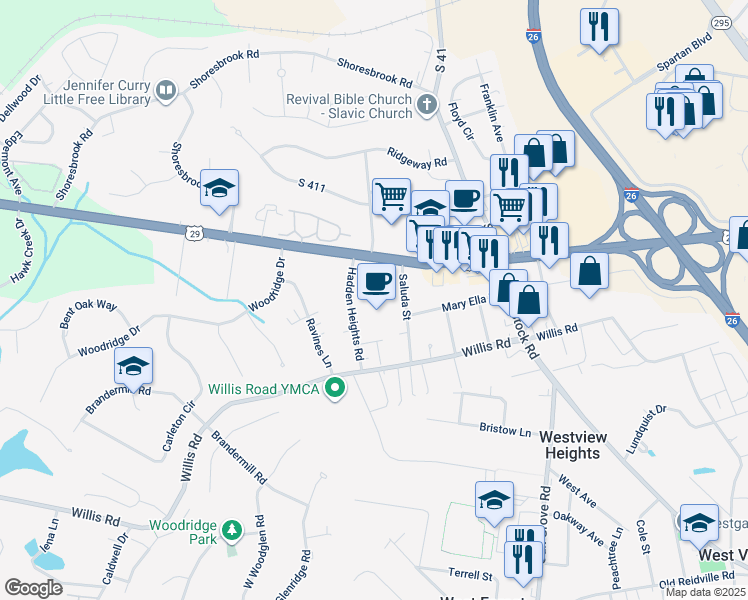 map of restaurants, bars, coffee shops, grocery stores, and more near 8199 Warren H Abernathy Highway in Spartanburg
