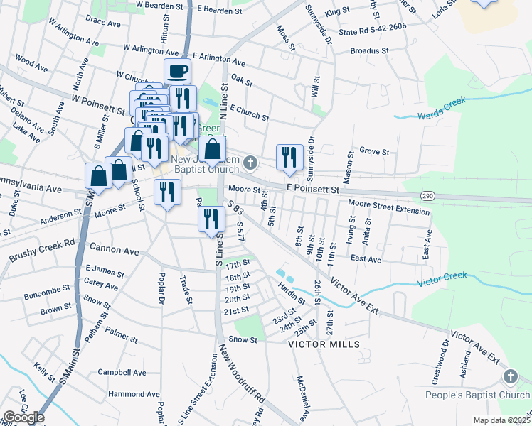 map of restaurants, bars, coffee shops, grocery stores, and more near 3 5th Street in Greer