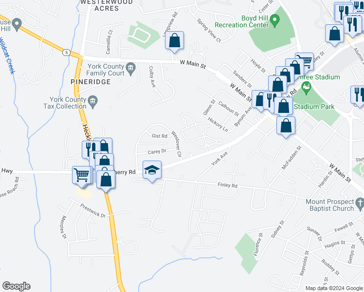 map of restaurants, bars, coffee shops, grocery stores, and more near 1030 Westover Circle in Rock Hill