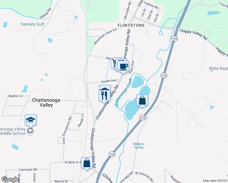 map of restaurants, bars, coffee shops, grocery stores, and more near 3417 Chattanooga Valley Road in Chattanooga Valley