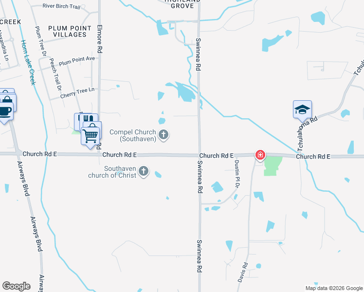 map of restaurants, bars, coffee shops, grocery stores, and more near 879 Church Road East in Southaven