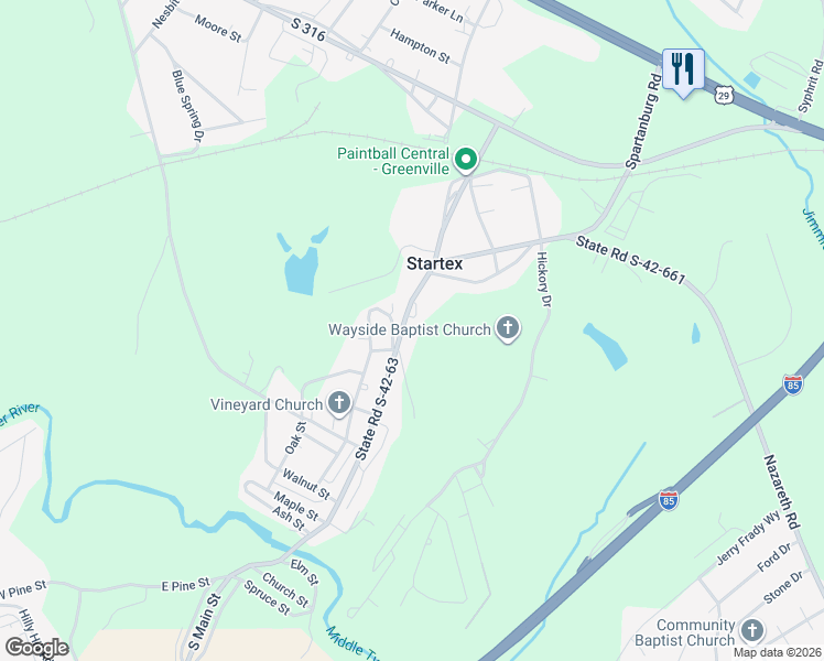map of restaurants, bars, coffee shops, grocery stores, and more near 585 Tucapau Road in Wellford