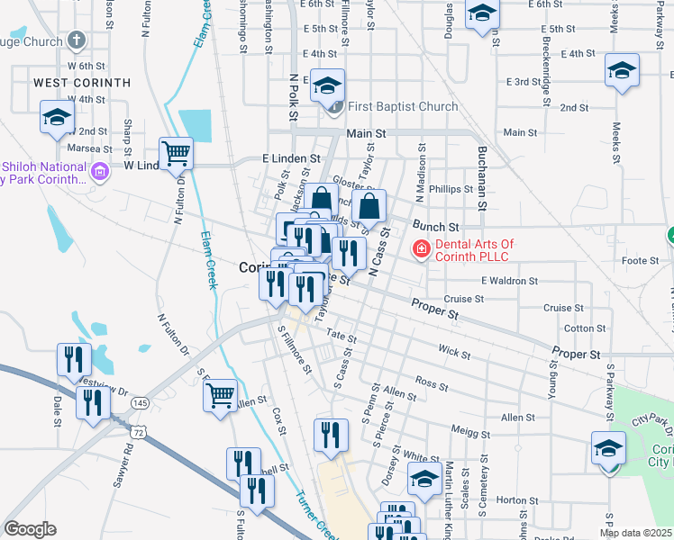 map of restaurants, bars, coffee shops, grocery stores, and more near 404 Taylor Street in Corinth
