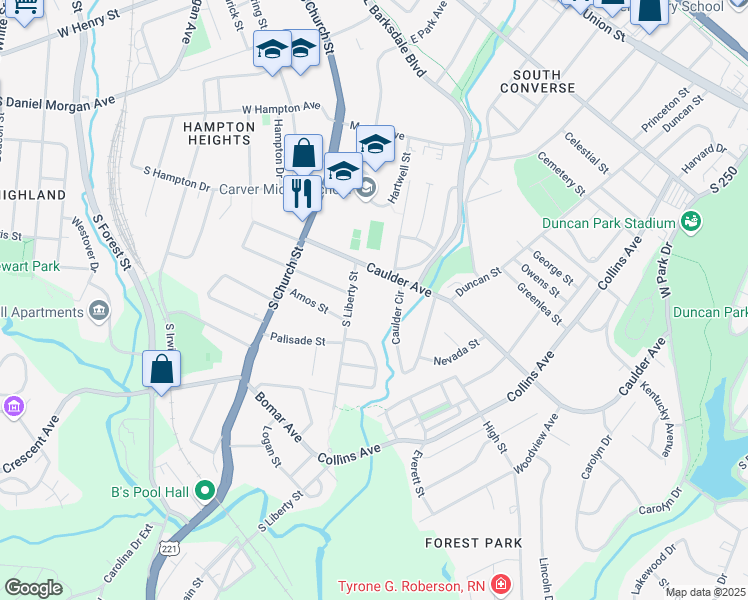 map of restaurants, bars, coffee shops, grocery stores, and more near 201 Caulder Avenue in Spartanburg
