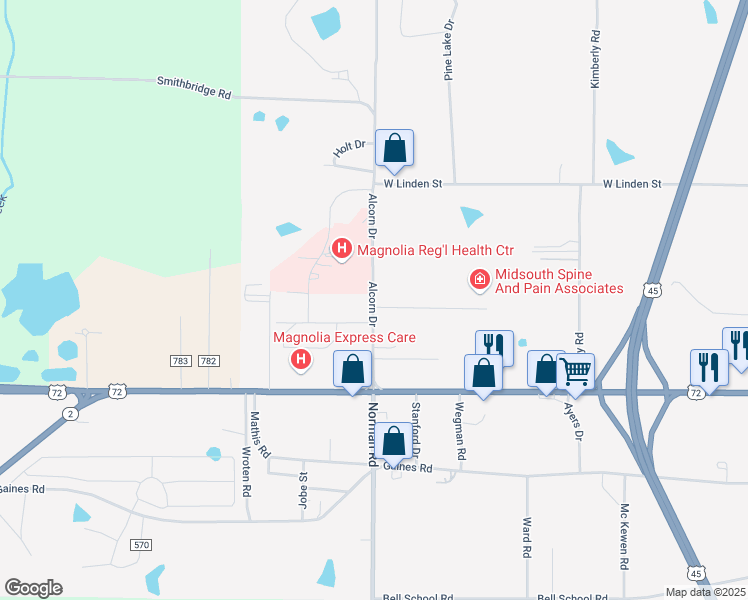 map of restaurants, bars, coffee shops, grocery stores, and more near 552 Alcorn Drive in Corinth