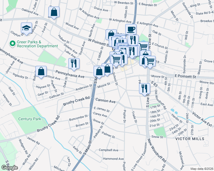 map of restaurants, bars, coffee shops, grocery stores, and more near 205 Westfield Avenue in Greer