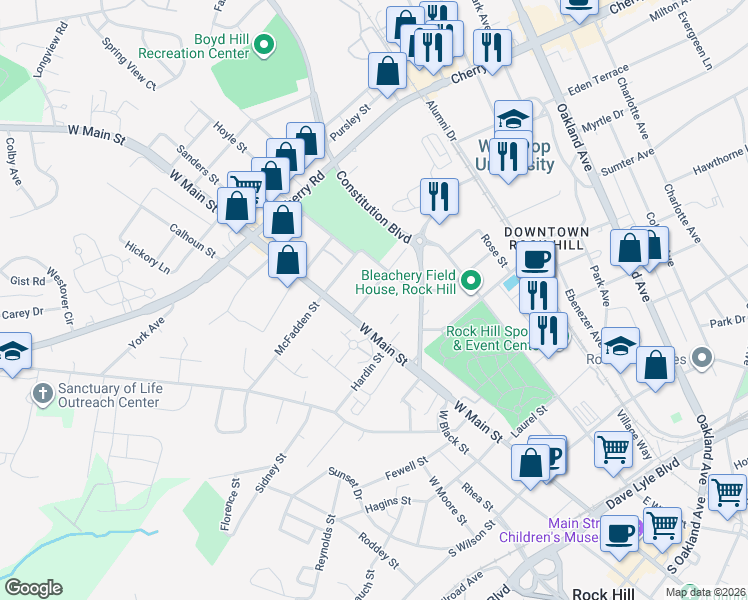 map of restaurants, bars, coffee shops, grocery stores, and more near 724 West Main Street in Rock Hill