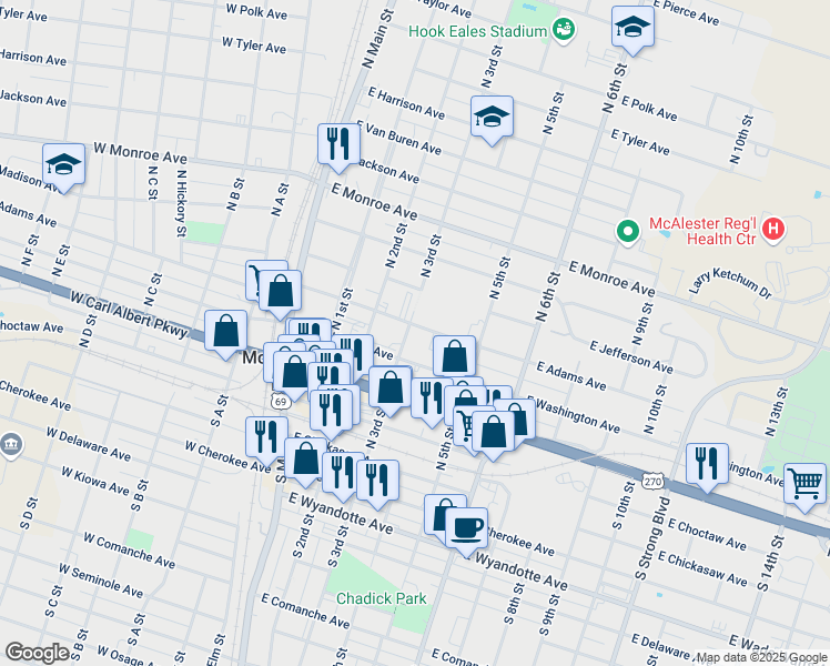 map of restaurants, bars, coffee shops, grocery stores, and more near 301 East Washington Avenue in McAlester