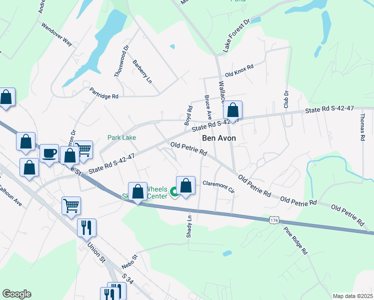 map of restaurants, bars, coffee shops, grocery stores, and more near 127 Old Petrie Road in Spartanburg