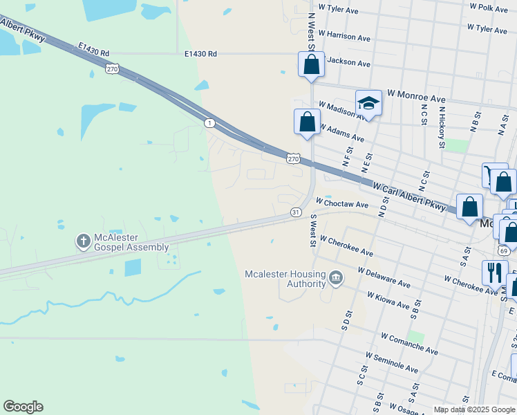 map of restaurants, bars, coffee shops, grocery stores, and more near 946 Oklahoma 31 in McAlester