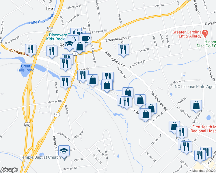 map of restaurants, bars, coffee shops, grocery stores, and more near 481 East Broad Avenue in Rockingham