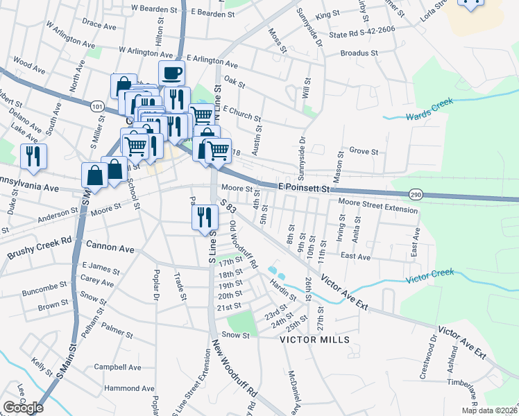 map of restaurants, bars, coffee shops, grocery stores, and more near 408 4th Street in Greer