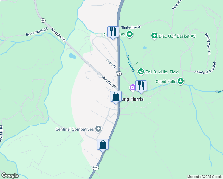 map of restaurants, bars, coffee shops, grocery stores, and more near 86 Murphy Street in Young Harris