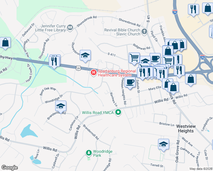 map of restaurants, bars, coffee shops, grocery stores, and more near 105 Ravines Lane in Spartanburg