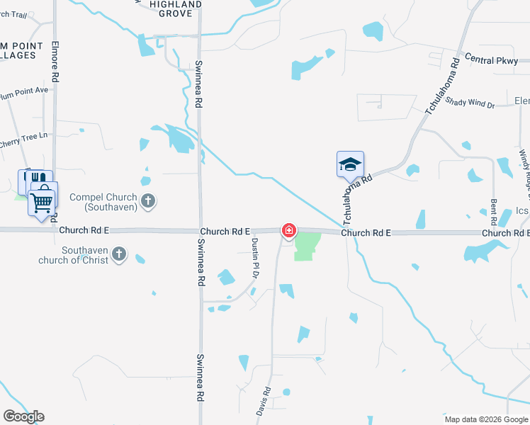 map of restaurants, bars, coffee shops, grocery stores, and more near 1358 Church Road East in Southaven