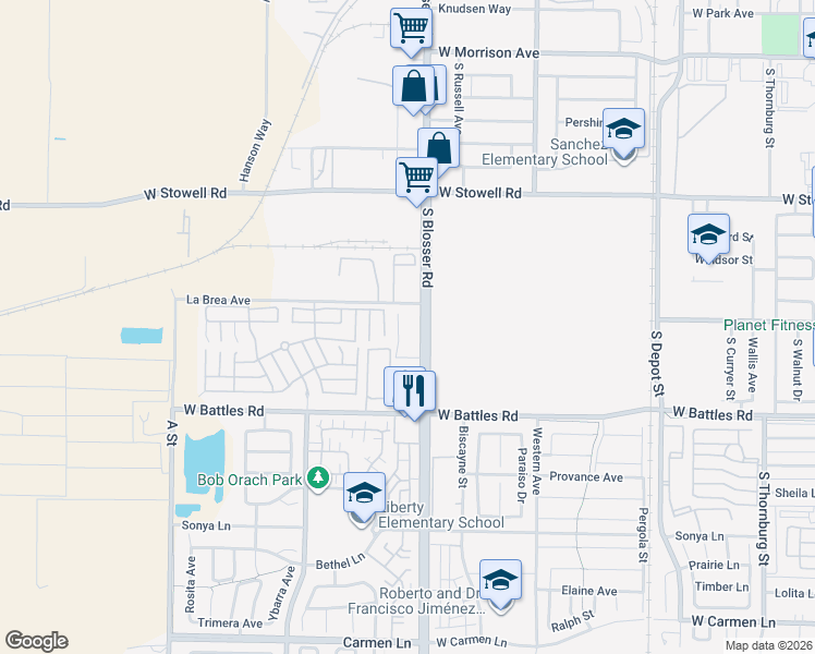 map of restaurants, bars, coffee shops, grocery stores, and more near 1505 South Blosser Road in Santa Maria