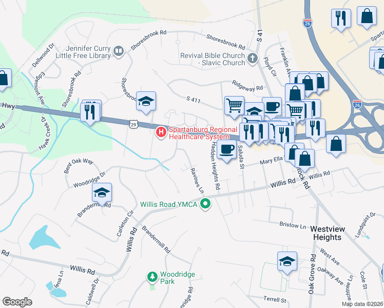 map of restaurants, bars, coffee shops, grocery stores, and more near 8261 Warren H Abernathy Highway in Spartanburg