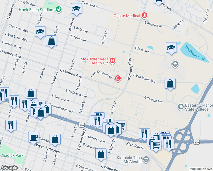 map of restaurants, bars, coffee shops, grocery stores, and more near 1101 East Monroe Avenue in McAlester
