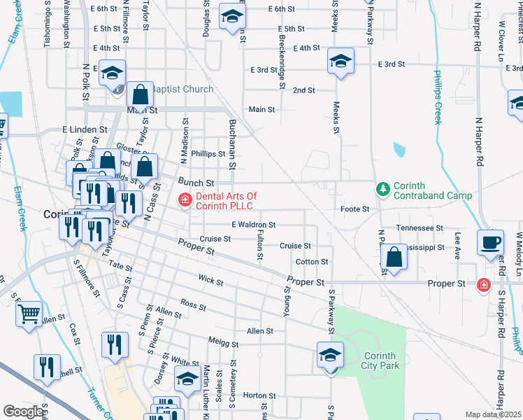 map of restaurants, bars, coffee shops, grocery stores, and more near 1501 Foote Street in Corinth