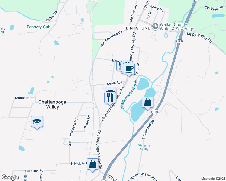 map of restaurants, bars, coffee shops, grocery stores, and more near 3420 Chattanooga Valley Road in Chattanooga Valley