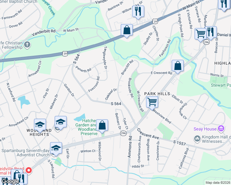 map of restaurants, bars, coffee shops, grocery stores, and more near 101 Oakleaf Drive in Spartanburg