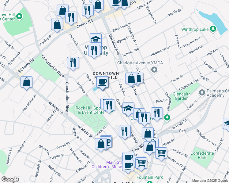 map of restaurants, bars, coffee shops, grocery stores, and more near 423 Ebenezer Avenue in Rock Hill