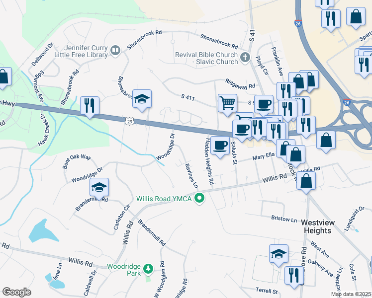map of restaurants, bars, coffee shops, grocery stores, and more near 111 Ravines Lane in Spartanburg