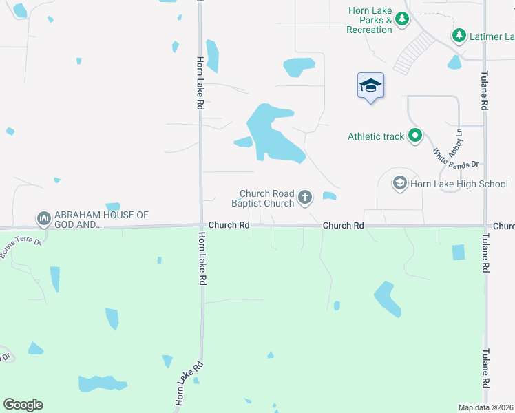 map of restaurants, bars, coffee shops, grocery stores, and more near 3810 Church Road in Horn Lake
