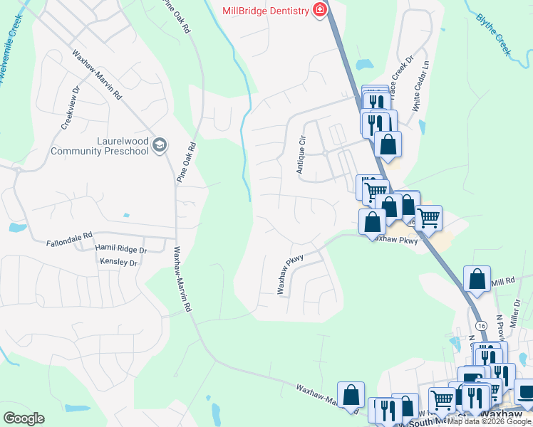 map of restaurants, bars, coffee shops, grocery stores, and more near 1909 Thorn Crest Drive in Waxhaw