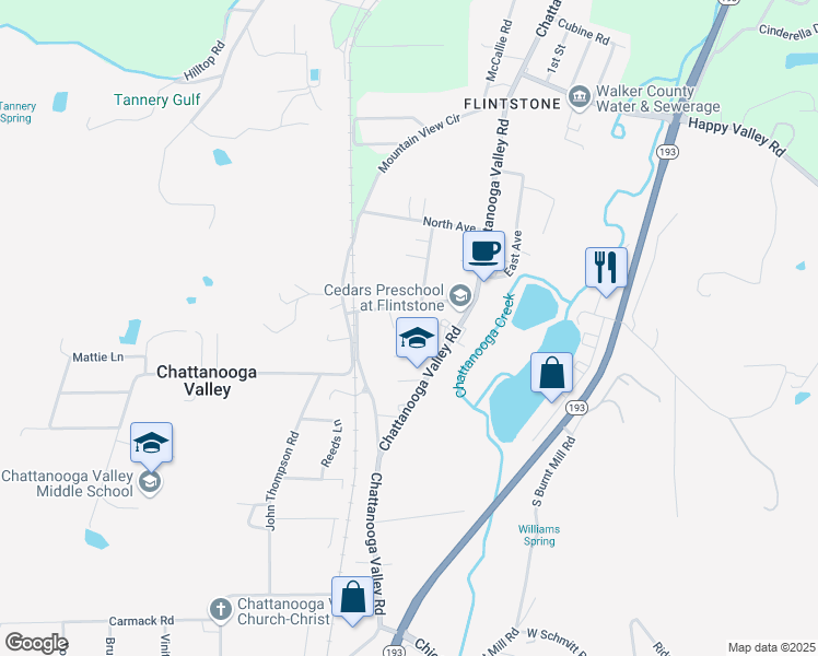 map of restaurants, bars, coffee shops, grocery stores, and more near 3420 Chattanooga Valley Road in Chattanooga Valley