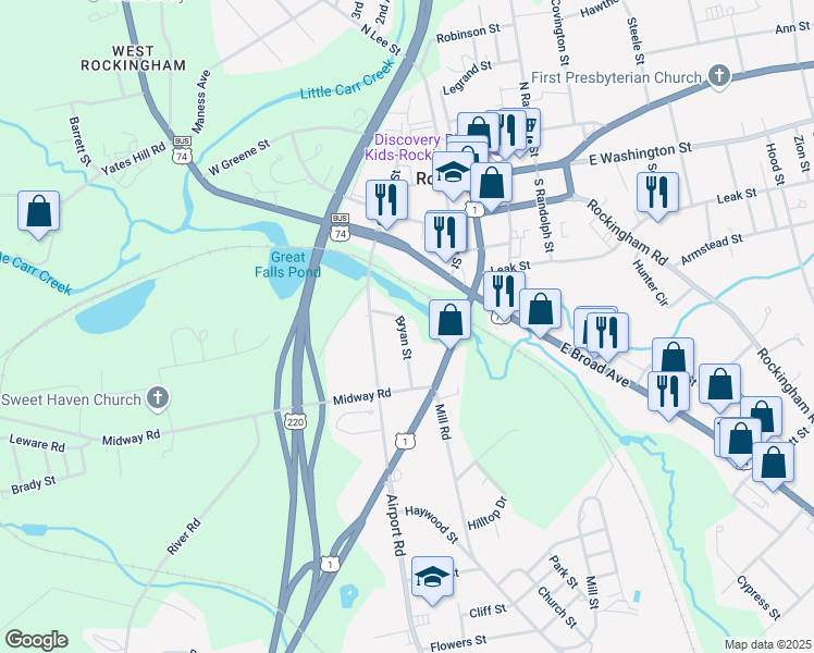 map of restaurants, bars, coffee shops, grocery stores, and more near 403 Bryan Street in Rockingham