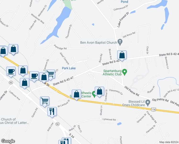 map of restaurants, bars, coffee shops, grocery stores, and more near 34 Hidden Springs Road in Spartanburg
