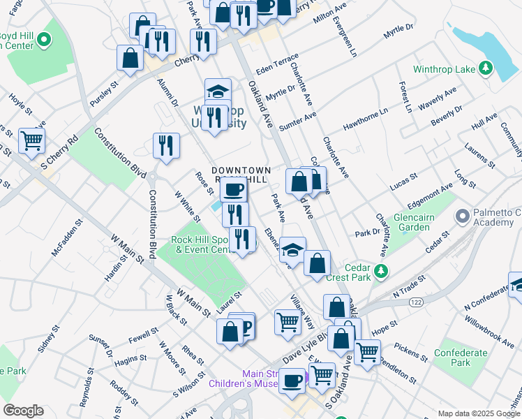 map of restaurants, bars, coffee shops, grocery stores, and more near 423 Ebenezer Avenue in Rock Hill